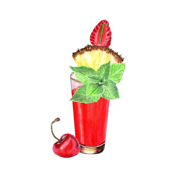 一杯樱桃汁配一片菠萝。孤立在白色背景上。水彩手绘插图图片下载