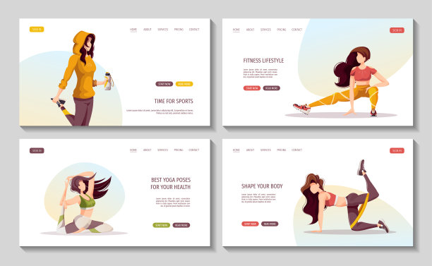 一组网页与妇女做健身训练。采购产品运动，锻炼，健康的生活方式，健身房，健身，训练，瑜伽概念。图片下载