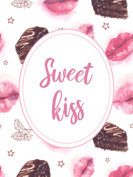 水彩画温柔的粉红色嘴唇和巧克力蛋糕字母甜蜜的吻。世界接吻日快乐。情人节。真爱。用于明信片，礼物，横幅，海报，印在衣服上，织物上。图片下载