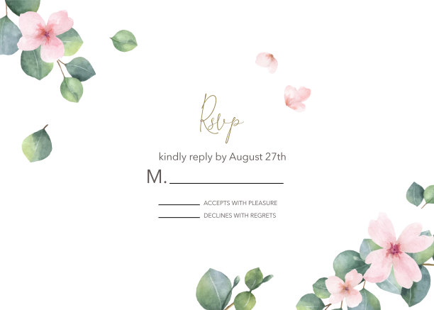 水彩矢量手绘婚礼rsvp卡模板。设计用桉树枝和粉红色的花。明信片插图，日期保存，贺卡设计，花卉邀请。图片下载