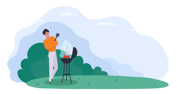 一个男人站在烧烤场旁边，煮着肉排，等待着。烧烤,烧烤。背景上是夏天的树。图片下载