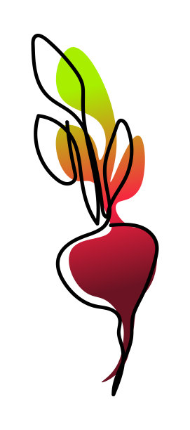 插图红色甜菜或甜菜根与叶在一条线无尽的风格。绿色和粉红色抽象斑点背景。可应用于贴纸，图标，标志。图片下载