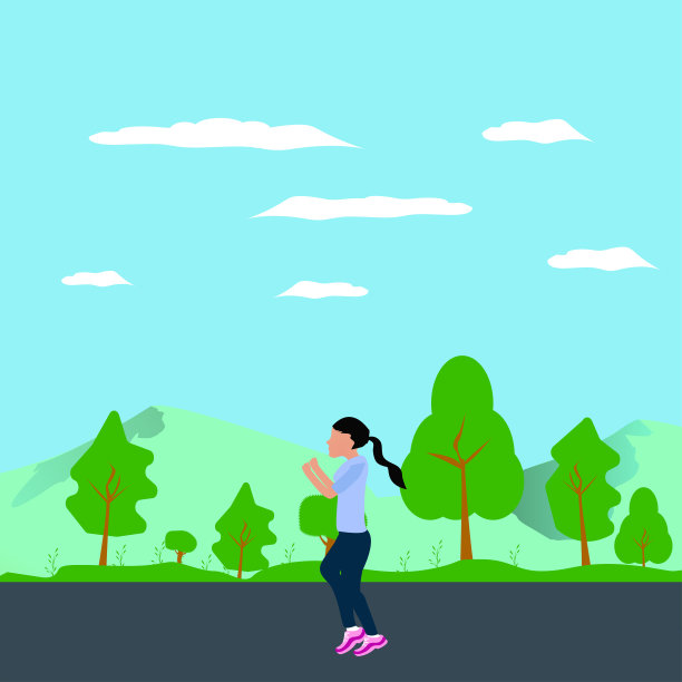 一个女孩在晨跑平面设计插画图片下载