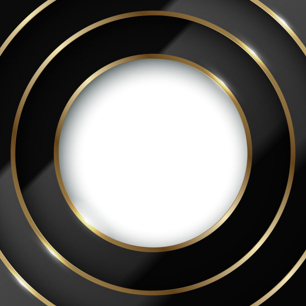 抽象三维圆形剪纸层光泽黑色背景与黄金线。金色矢量框架分层头部。白色中心为标志或图片图片下载