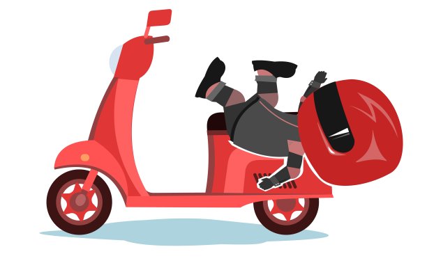 摩托车司机。自行车卡通。儿童插图。下降了。穿着运动服，戴着红色头盔。很酷的摩托车手。孤立在白色背景上。向量图片下载