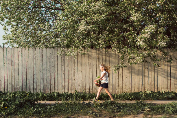 女孩提着篮子走在阳光下的乡村，俄罗斯乡村的色彩图片下载