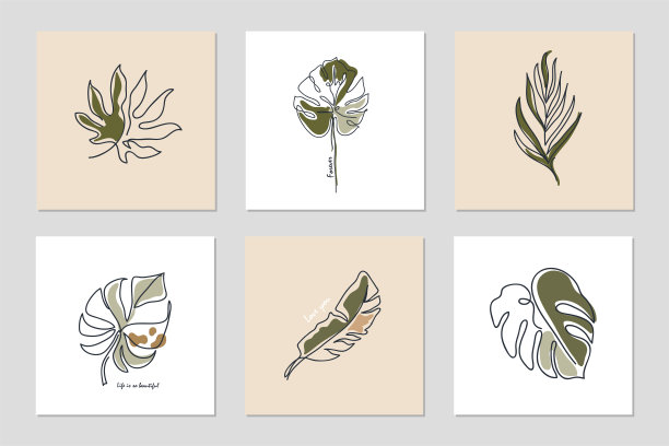 一组背景与一行连续的叶子和短语。几何形状的抽象拼贴画图片下载