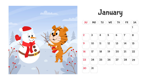 水平桌面日历页面模板为2022年1月用中国农历年符号卡通老虎。一周从星期天开始。老虎堆雪人图片下载