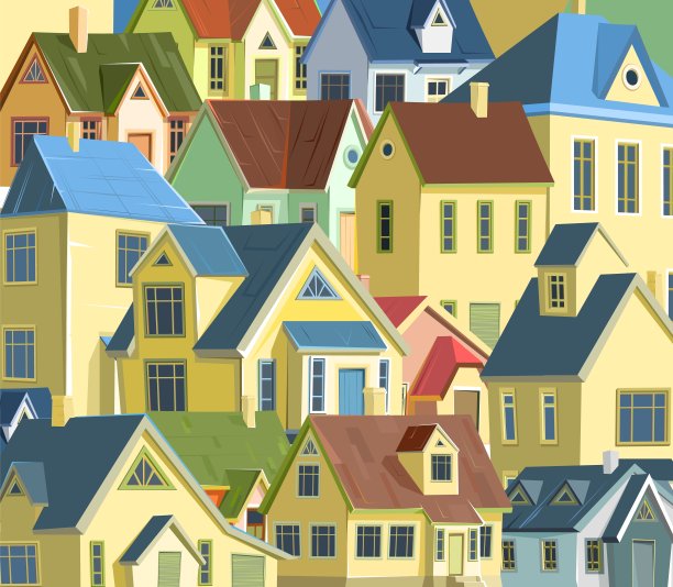 屋顶的房屋。村庄或乡村小镇小房子。有窗户的舒适的郊区小屋。街道上有一种欢快的卡通平房风格。的背景图片。向量图片下载