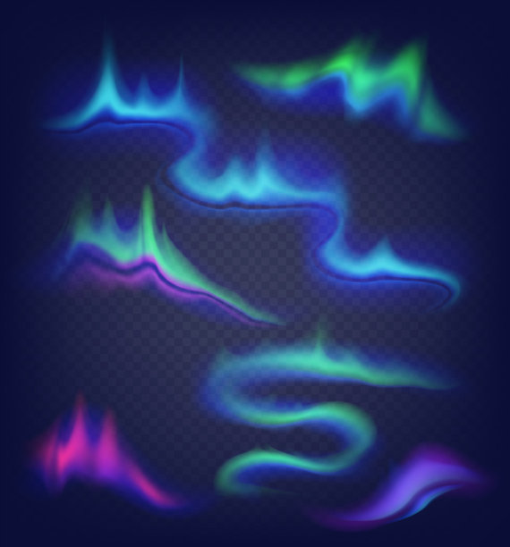 现实的矢量北极光设置。令人惊叹的北极光夜晚极地天空在阿尔法透明的背景。图片下载