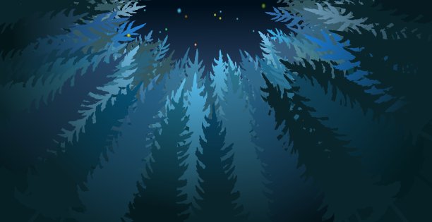 森林轮廓的场景。自下而上的观点。树林中一片漆黑的空地。有高大植物的景观。美丽的景色。松树和云杉。晚上自然。说明向量图片下载