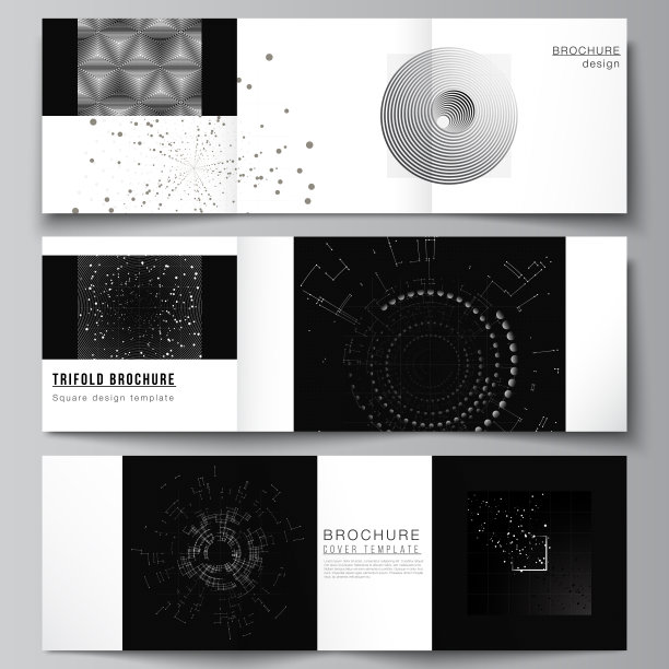 矢量布局的方形封面设计模板为三层宣传册，传单，封面设计，书籍设计。黑色技术背景。数字可视化科学、医学、技术概念图片下载