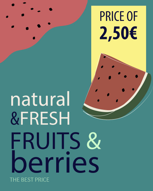 水果和浆果横幅上画着一片西瓜。绿色蔬菜的彩色价格标签。图片下载