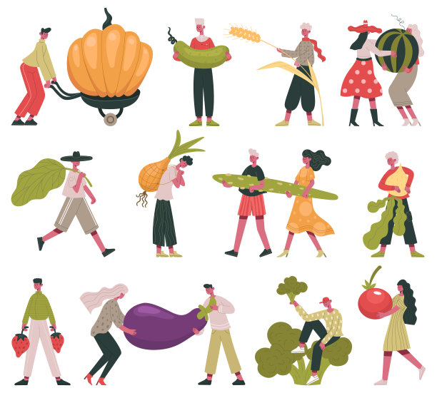 素食的生活方式。小人用水果蔬菜，农场有机健康食品卡通矢量插图集。吃健康食品的特点图片下载