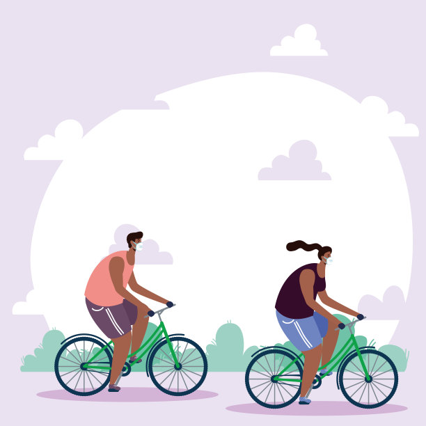 年轻的非洲夫妇戴着医用口罩骑自行车图片下载