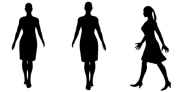 一个被孤立在白色背景上的行走女孩的剪影。侧面，正面，背面。矢量图图片下载