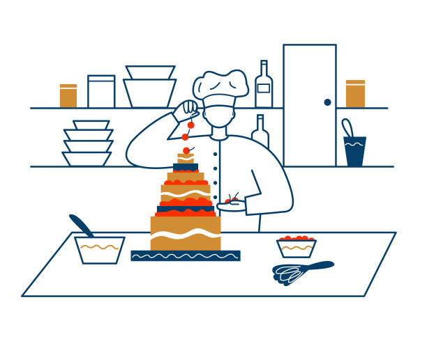 糕点师用樱桃浆果装饰大蛋糕。厨房里有盘子、盘子和碗。白色背景图片下载