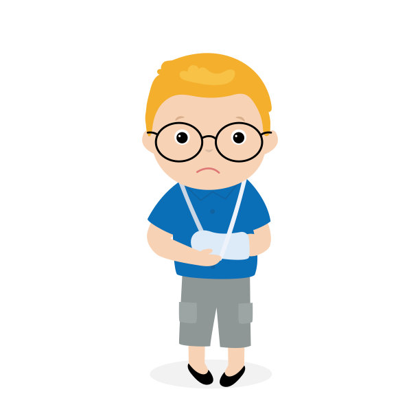 手臂骨折的不幸男孩。外伤急救，手臂打石膏。卫生保健。有趣的男性角色孤立在白色背景。图片下载