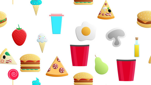 无尽的白色无缝图案的美味食品和零食项目图标设置为餐厅酒吧咖啡厅:冰淇淋，汉堡，比萨饼，爆米花，饮料，梨，草莓。背景图片下载