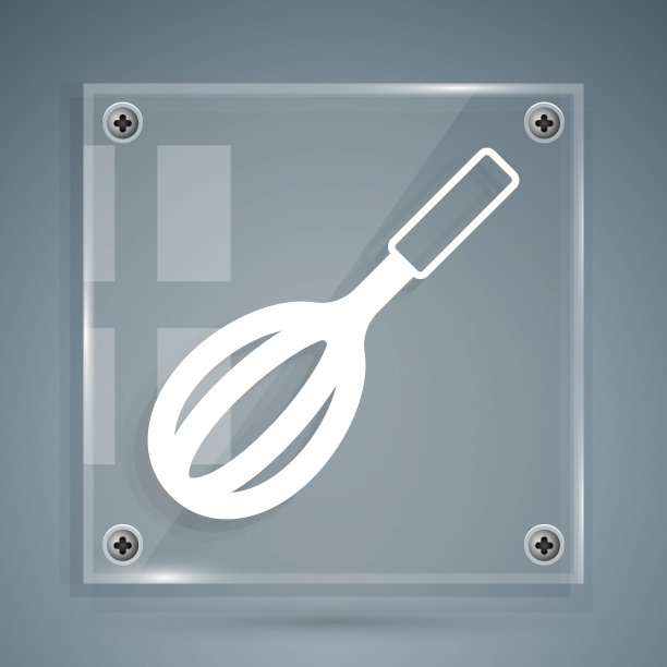 白色厨房搅拌器图标孤立在灰色背景。烹饪用具，打蛋器。餐具的迹象。混合食物的象征。方形玻璃面板。向量图片下载