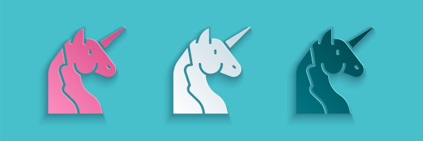 剪纸独角兽图标孤立在蓝色背景。纸艺术风格。向量图片下载