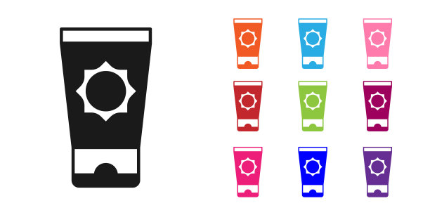 黑色防晒霜在管图标孤立在白色背景。保护皮肤免受太阳紫外线照射。设置图标丰富多彩。向量图片下载