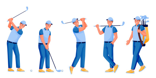男性打高尔夫球，矢量平面卡通人物插图白色背景。高尔夫球手与高尔夫球棒，球和袋图片下载