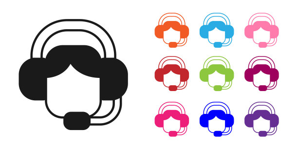 黑人妇女与耳机图标隔离在白色背景。联系支持操作员。呼叫中心、客户支持服务的概念。设置图标丰富多彩。向量图片下载