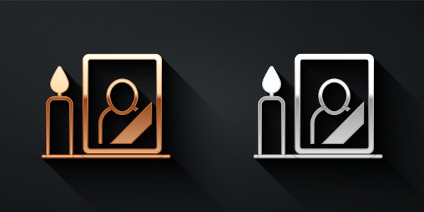 金色和银色的丧服相框与黑色丝带图标孤立在黑色背景。葬礼和吊唁卡的布置。长长的阴影风格。向量图片下载