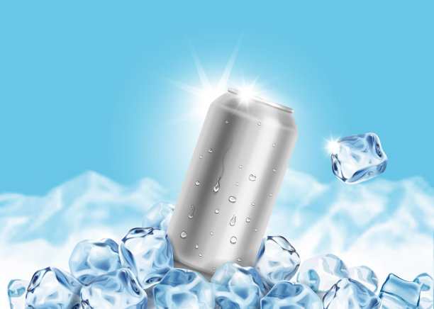 蓝色背景上有冰块的铝锡罐。空白金属可以喝汽水果汁包装空模拟图片下载