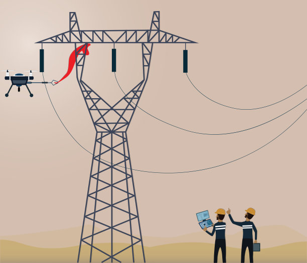 平面设计的技术概念，技术人员使用无人机处理卡在高压塔上的垃圾向量图片下载