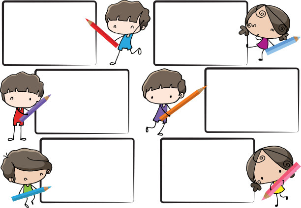 矢量卡通男孩和女孩手持彩色铅笔设置边框背景图片下载