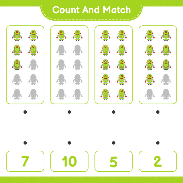 数和匹配，数机器人字符的数量，并与正确的数字匹配。教育儿童游戏，可打印的工作表，矢量插图图片下载