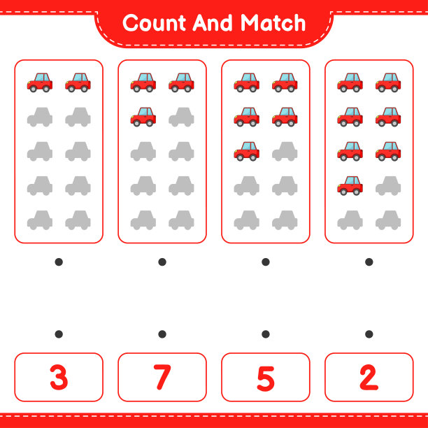 数和匹配，数汽车的数量，并与正确的数字匹配。教育儿童游戏，可打印的工作表，矢量插图图片下载