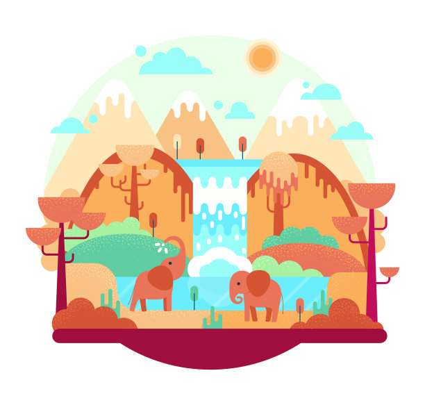 瀑布附近的两只大象，矢量卡通插图。非洲大草原，水坑边的大象和背景中的山脉图片下载