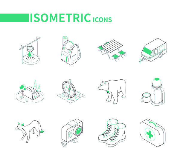 露营和远足设备-线等距图标集图片下载