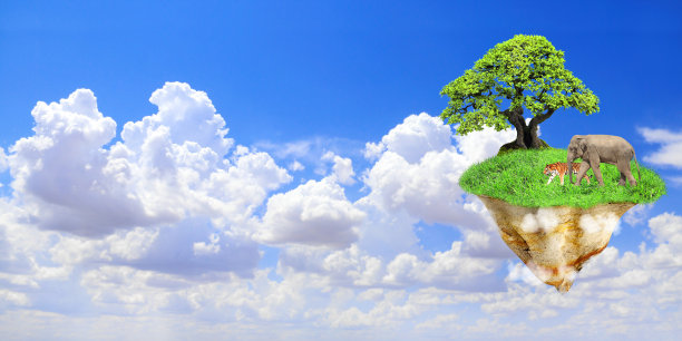 幻想浮岛上有绿草、绿树、野生动物图片下载