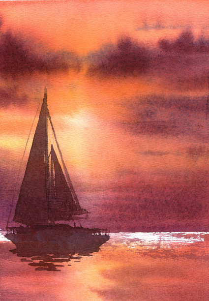 游艇映衬着美丽的夕阳。海上有一艘五彩缤纷的帆船。图片下载