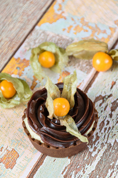 配有马斯卡彭奶油和巧克力甘纳许的迷你挞，用酸浆装饰和包围(垂直照片)。图片下载