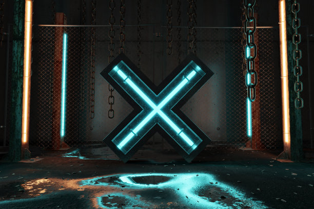 蓝色轻X框架形状旁边的混凝土柱子和栅栏的3d渲染图片下载