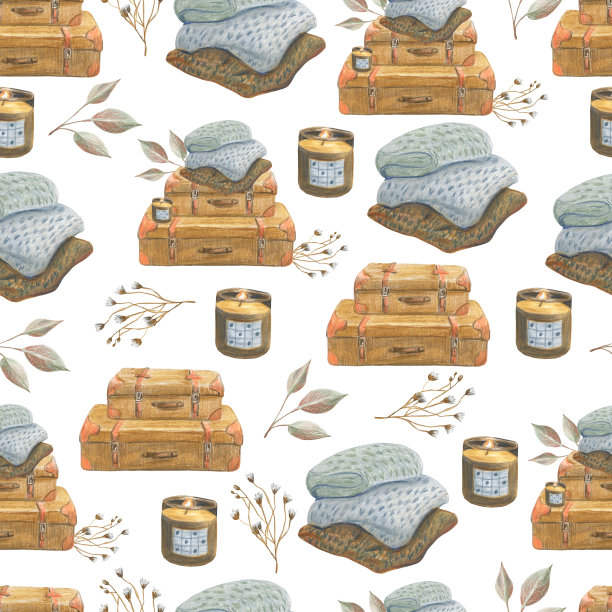 无缝模式与不同的秋季项目和花卉对象。用彩色铅笔的技术制成。手绘。图片下载