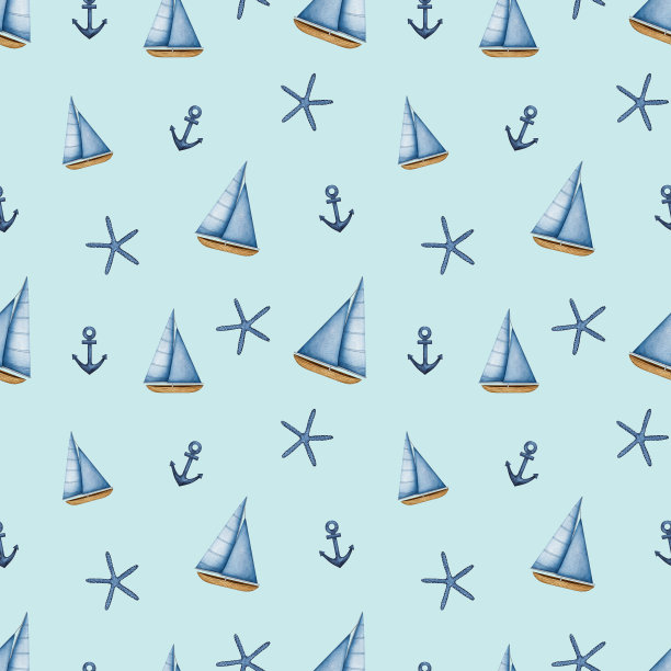 水彩帆船无缝图案。帆船、锚和海星。航海船，游艇与蓝色的帆。海上旅行。手绘海洋婴儿背景托儿所印刷图片下载