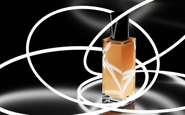 化妆品玻璃瓶的皮肤粉底与几何发光环上的黑色背景模拟旗帜。遮瑕膏、化妆水或bb霜，广告彩妆奢侈品，3d插图图片下载