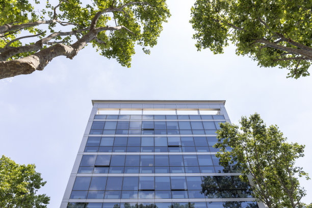 现代化的办公大楼在玻璃(商业中心)，天空和树木在阳光明媚的夏日。图片下载