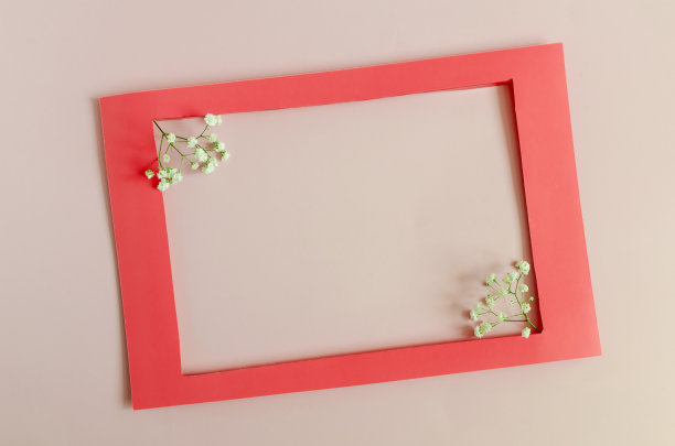 一个用白花装饰的彩色框架，在矿井空间的灯光背景上。平莱亮红色框架和花卉装饰图片下载