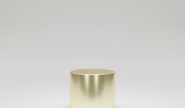 金色讲台，灰色背景。3d渲染图。产品、广告、商务、活动、假日等设计元素。金属金领奖台。颁奖典礼的空基座。金色现代设计在灰色背景。图片下载