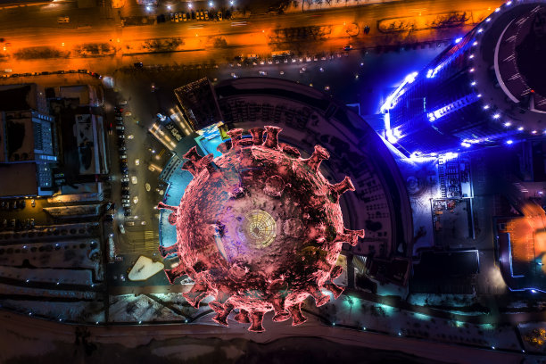 以大都市金融中心夜景建筑为背景，三维渲染冠状病毒模型，展示新型冠状病毒在全球和主要城市传播的概念。图片下载