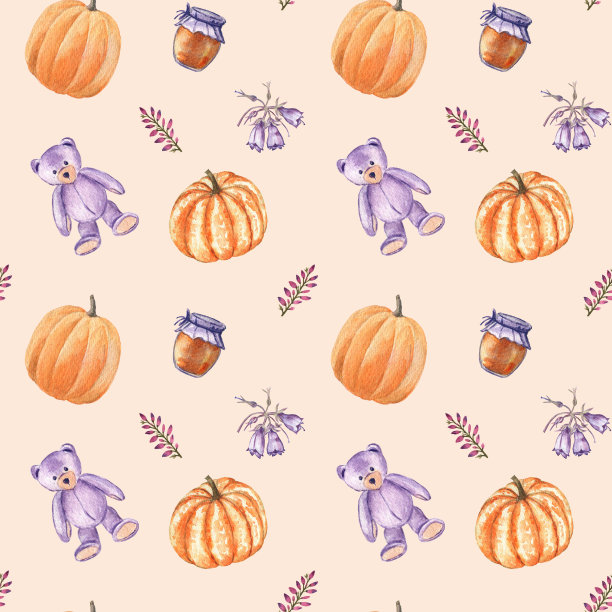 舒适的无缝图案与泰迪熊，南瓜，蜜罐，风信子和石南。水彩手绘元素在米色橙色的背景。非常适合夏末和初秋。图片下载