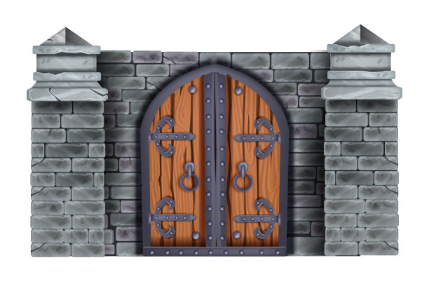 城堡木质中世纪大门，古老的双闭门，石柱，砖墙孤立上白。图片下载