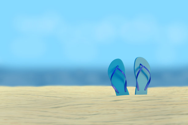 以大海为背景的沙滩上一双人字拖。有选择性的重点。3 d演示。图片下载